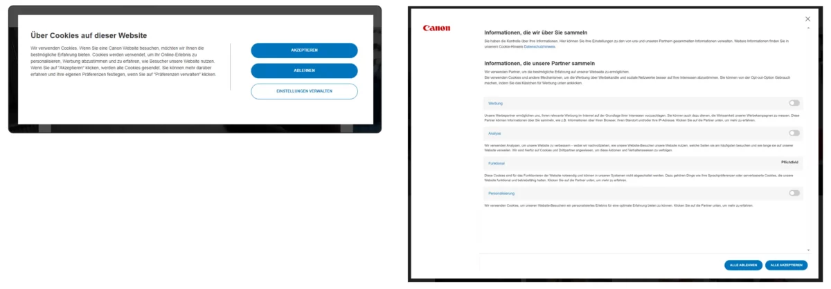 Abbildung des Consent Banners auf der Website von Canon, als Beispiel für die konforme Gestaltung über zwei Ebenen