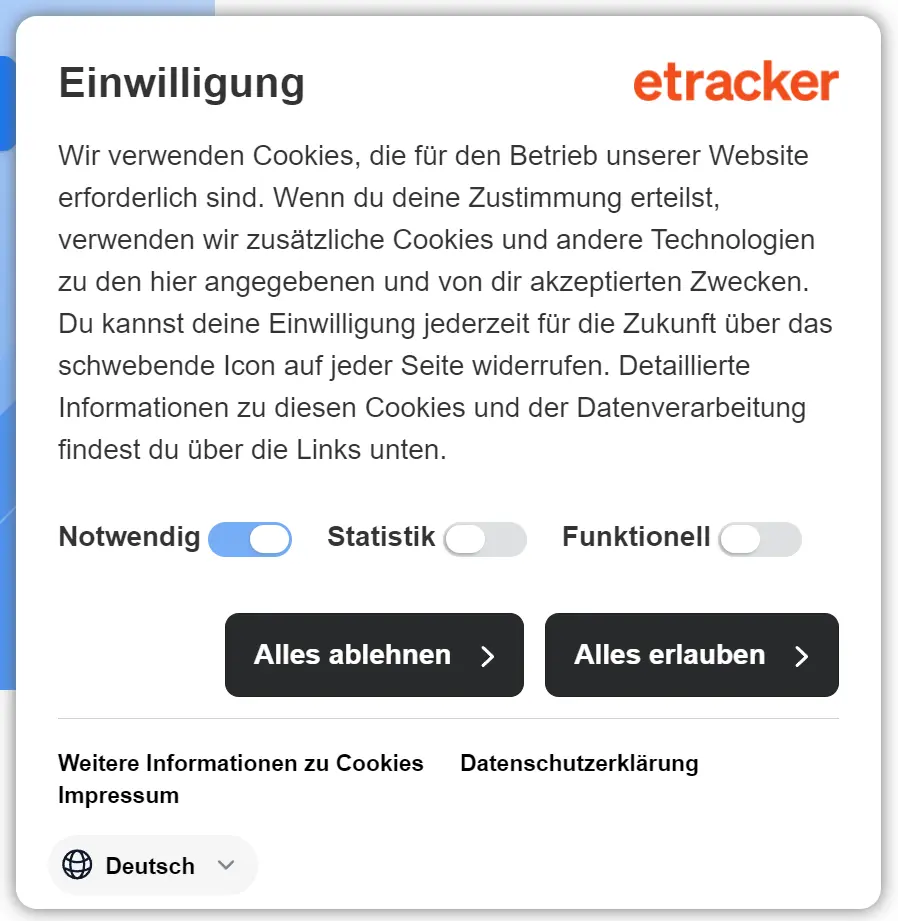 Abbildung des Consent Banners von etracker als Beispiel für die konforme Gestaltung auf einer Ebene