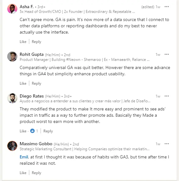Austausch über die schlechte Usability von GA4 bei Linkedin