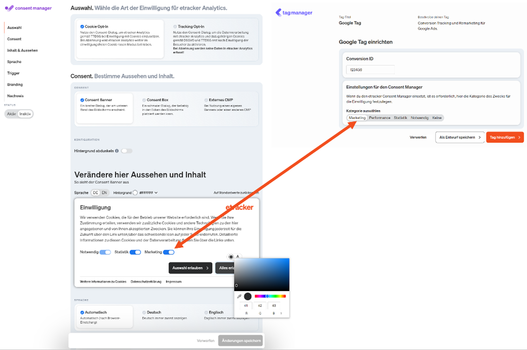 Fügt man Tags hinzu oder veränderte diese, wird die Veränderung automatisch mit dem etracker consent manager synchronisiert.