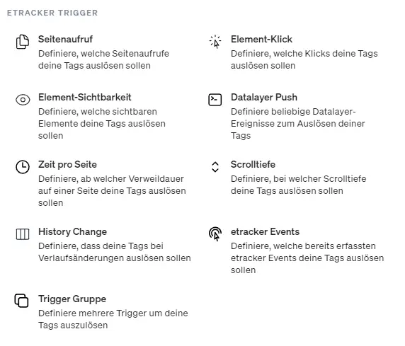 Selecting triggers and variables in the etracker tag manager