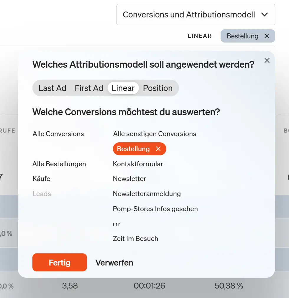 Hier wird gezeigt, wie flexibel du zwischen den einzelnen Attributionsmodellen hin und her wechseln kannst.