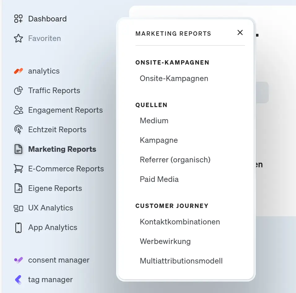 Hier siehst du welche Arte von Marketing Reports etracker analyt cs anbietet.
